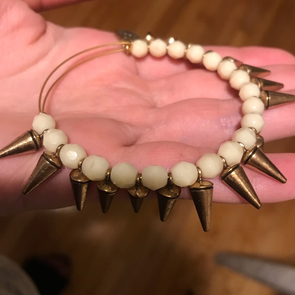 Alex & Ani Gold and Ivory Bead Bangle with Spikes - Picture 2 of 4